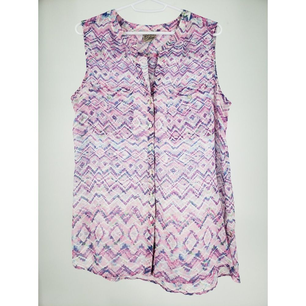 COMO Vintage Size M Sleeveless Lightweight Blouse Top‎ Geometric Full Button Up